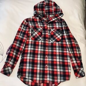 Boyfriend XS Red Plaid Hooded Flannel Shirt Kismet